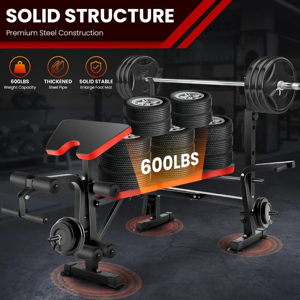 600lbs Adjustable Weight Bench Set with Preacher Curl & Leg Developer,Multifunctional Workout Station Incline Bench Press