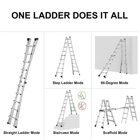 Aluminum Multi-Position Ladder With Wheels, 300 Lbs Weight Rating, 22 FT