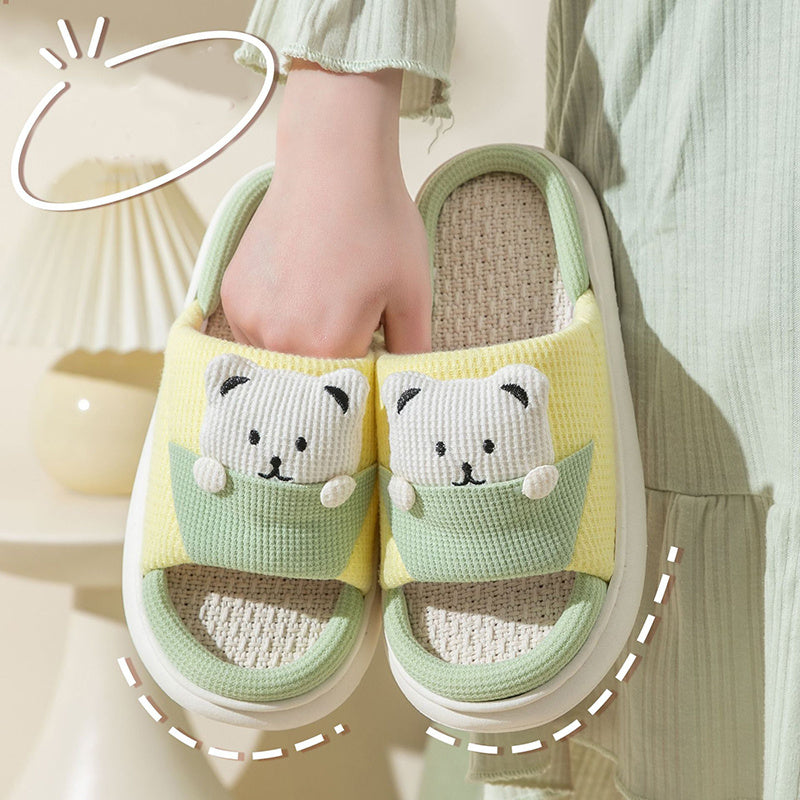 Cute Cartoon Bear Slippers Spring And Autumn Fashion Thick-soled  Mute Linen Slipper Women's House Shoes