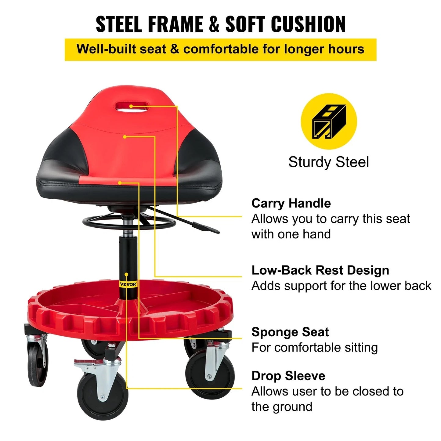 Rolling Garage Stool, 300LBS Capacity, 18-23 Adjustable Height Range, Mechanic Seat With Swivel Casters And Tool Tray, For Workshop, Auto Repair Shop, Red