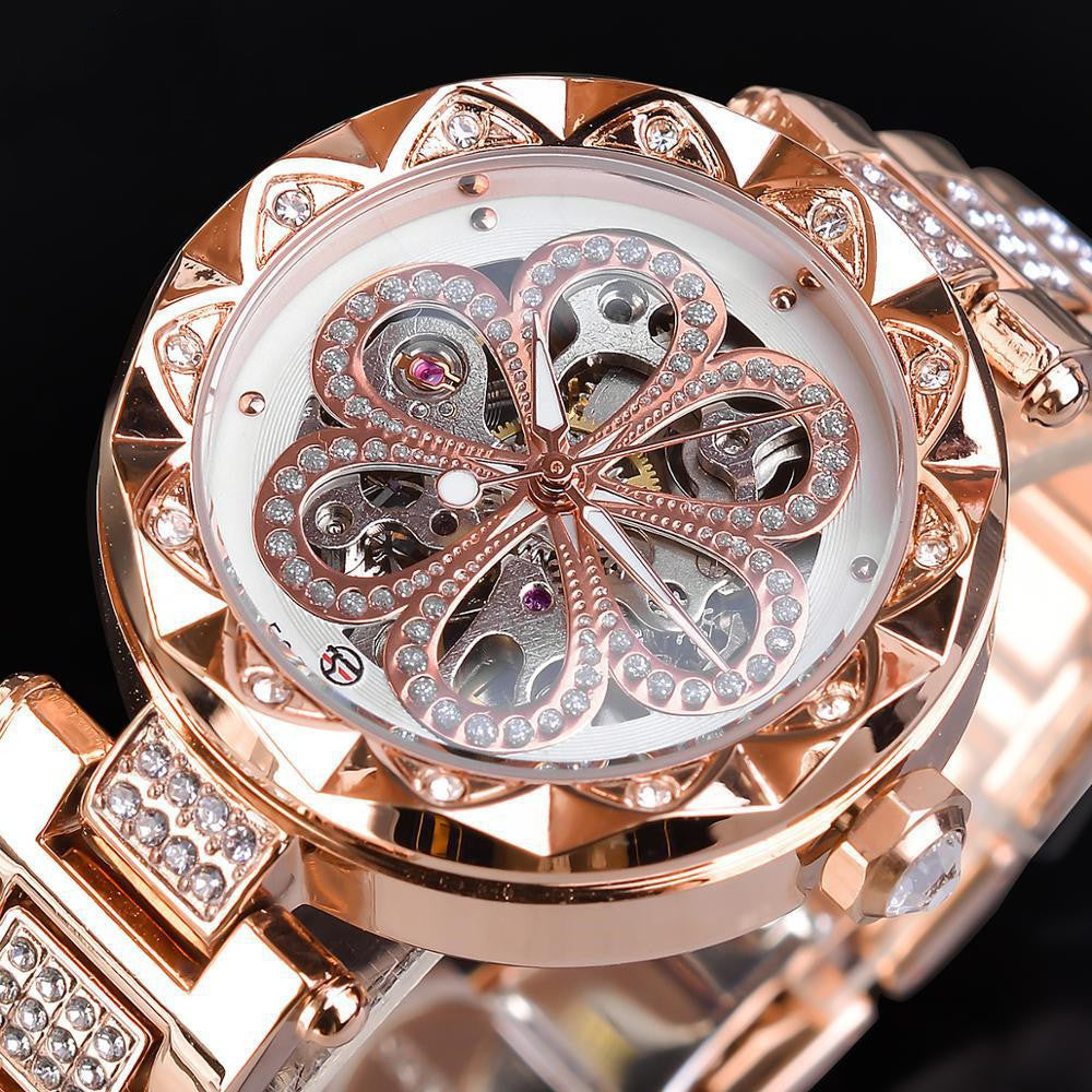 Forsining Mechanical Automatic Ladies Watches Top Brand Luxury Rhinestone Female Wrist Watches Rose Gold Stainless Steel Clock