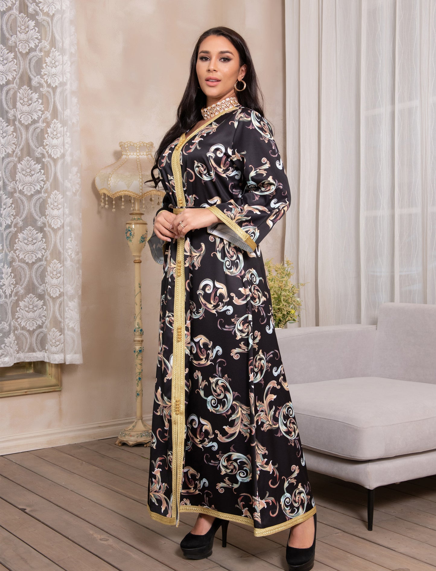 Printed Long Belt Dress Ramadan New Dubai Muslim Women