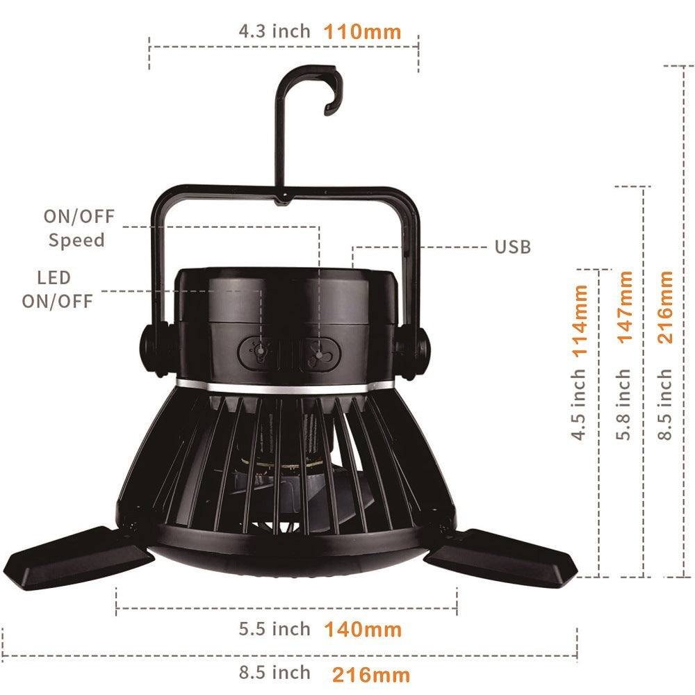 Solar Camping Fan 5000mAh USB Rechargeable 4 Speeds with LED Light Camping Tent Fan for Beach Hiking Home Office Car