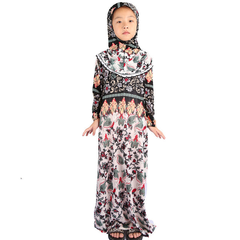 Robe Hui Girl Clothes Middle Eastern Islamic Floral Cloth Kids Prayer Robe