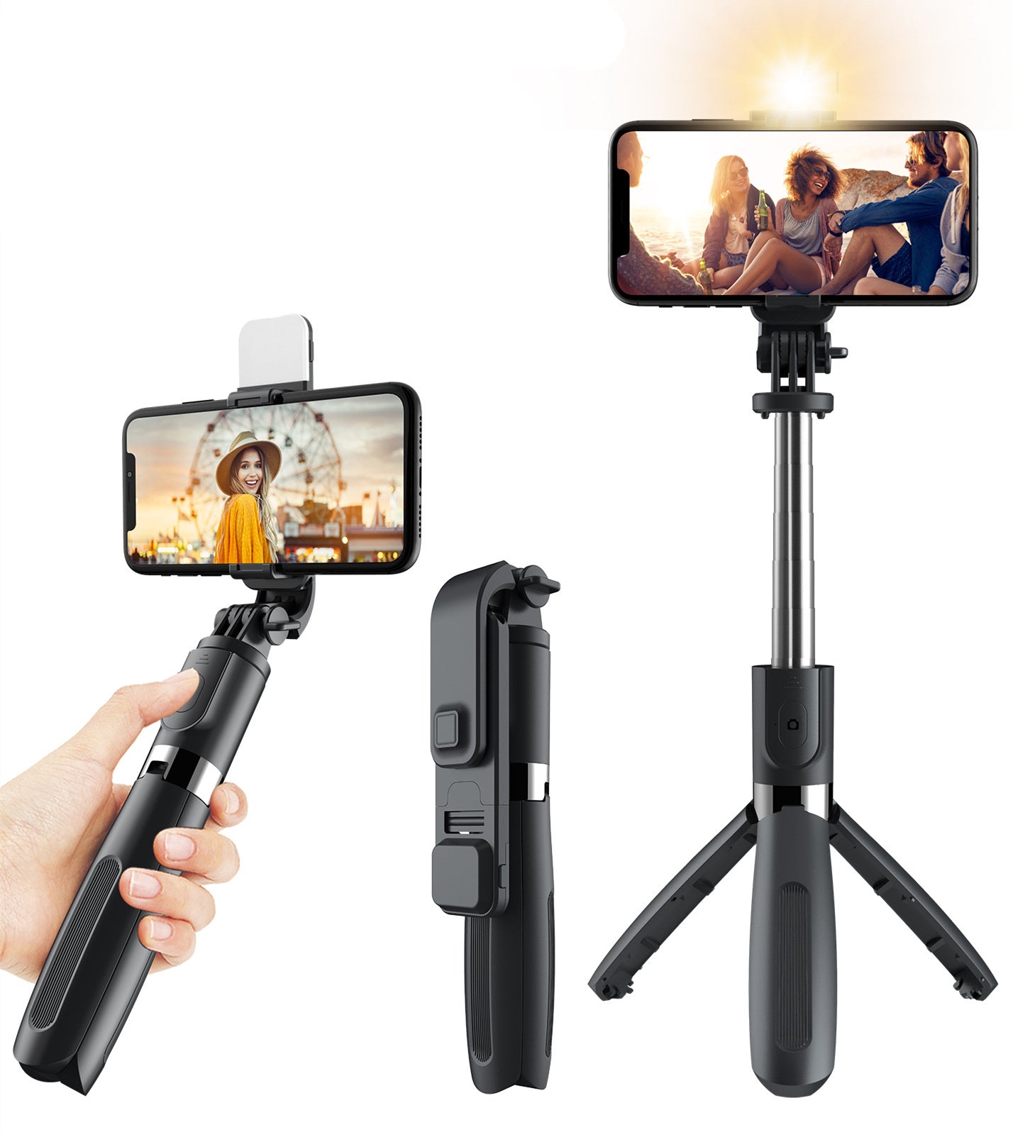 Compatible with Apple, 3 In1 Bluetooth Wireless Selfie Stick Tripod 102cm Foldable & Monopods Universal Phone Tripod