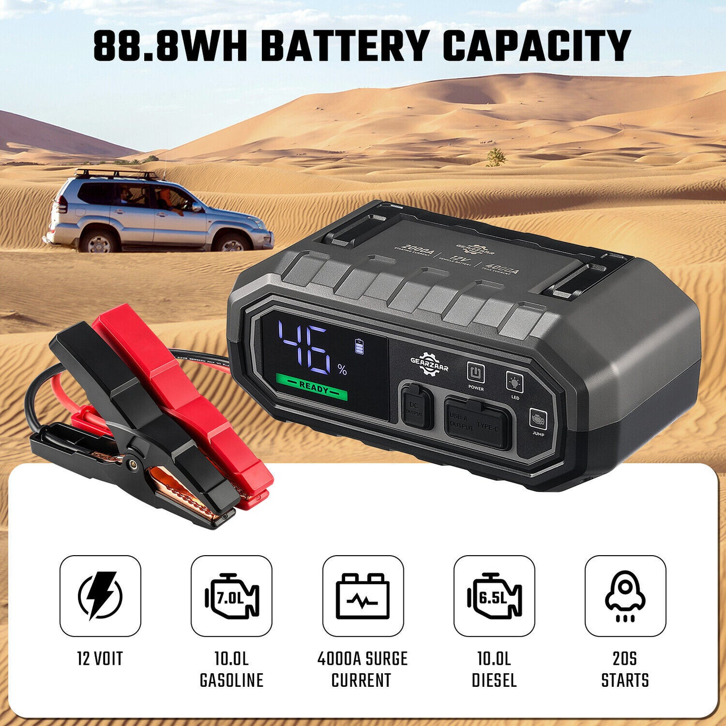 Car Starter 4000Amp 24000mAh 12V Lithium Battery Booster Pack Power Bank UK