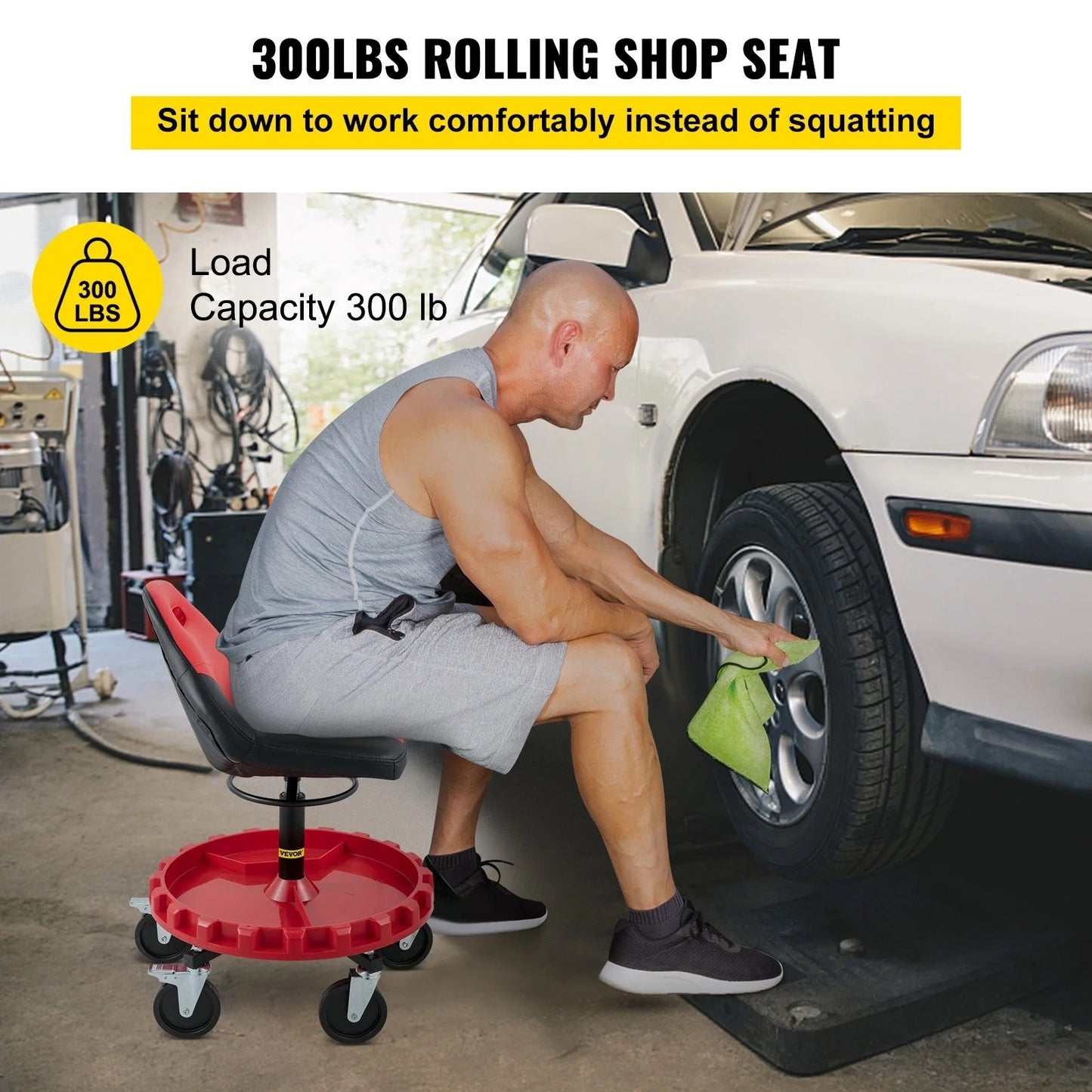 Rolling Garage Stool, 300LBS Capacity, 18-23 Adjustable Height Range, Mechanic Seat With Swivel Casters And Tool Tray, For Workshop, Auto Repair Shop, Red