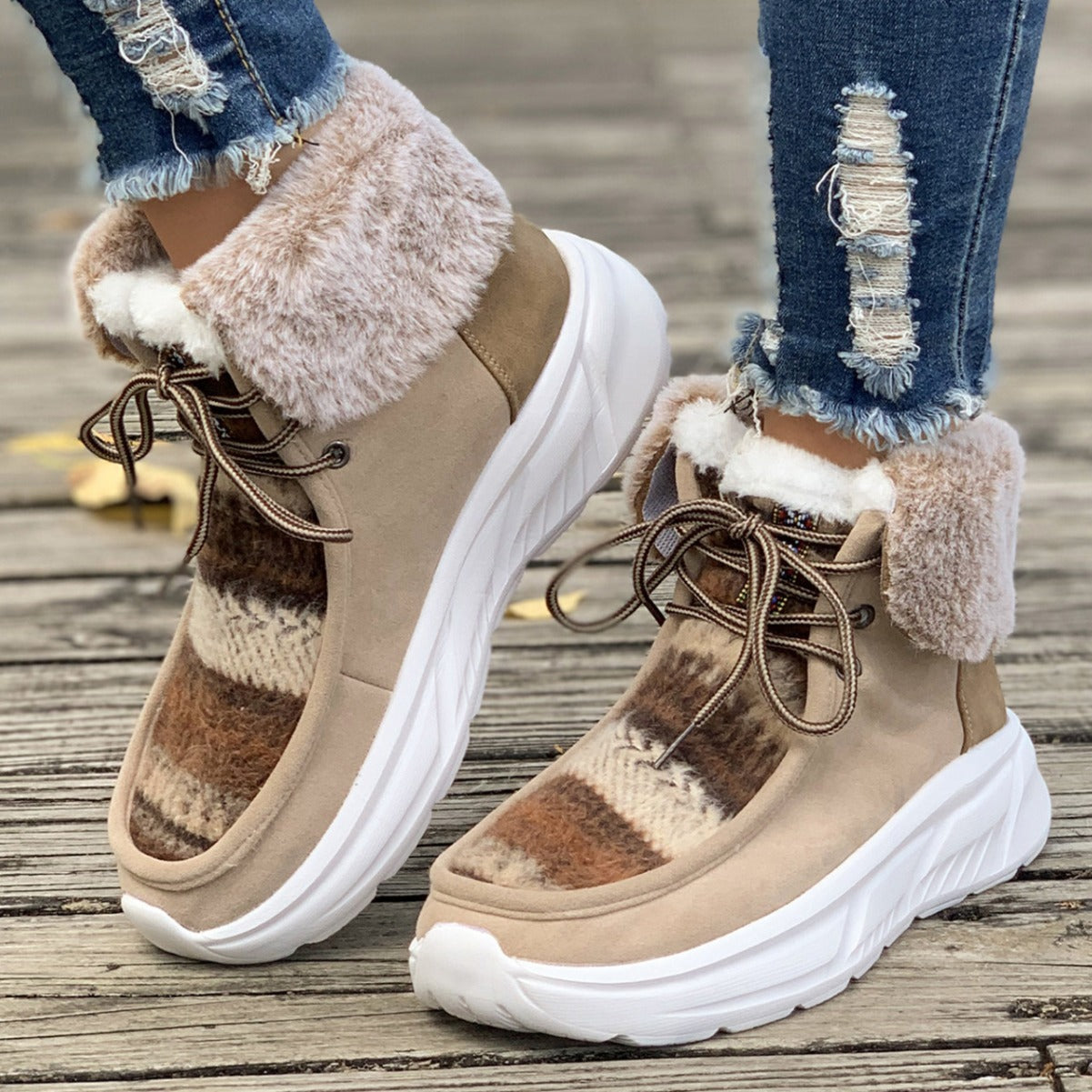 Lace-up Snow Boots Women's Fuzzy Mied-color Soft Sole Platform Thermal Lined Shoes Winter Non-slip Plush Boots