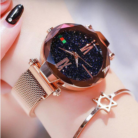 Luxury Women Watches Mesh Ladies Clock Magnet Buckle Starry Diamond Geometric Surface Quartz Wristwatch