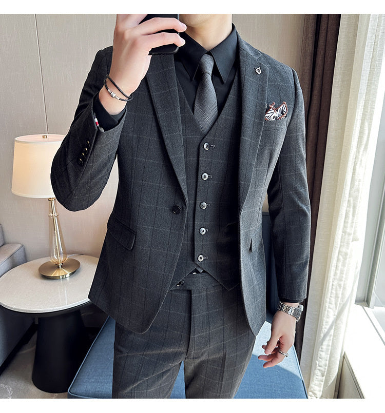 Boy's Yarn-dyed Fabric Suit Set Three-piece Set Groom Groomsman Dress