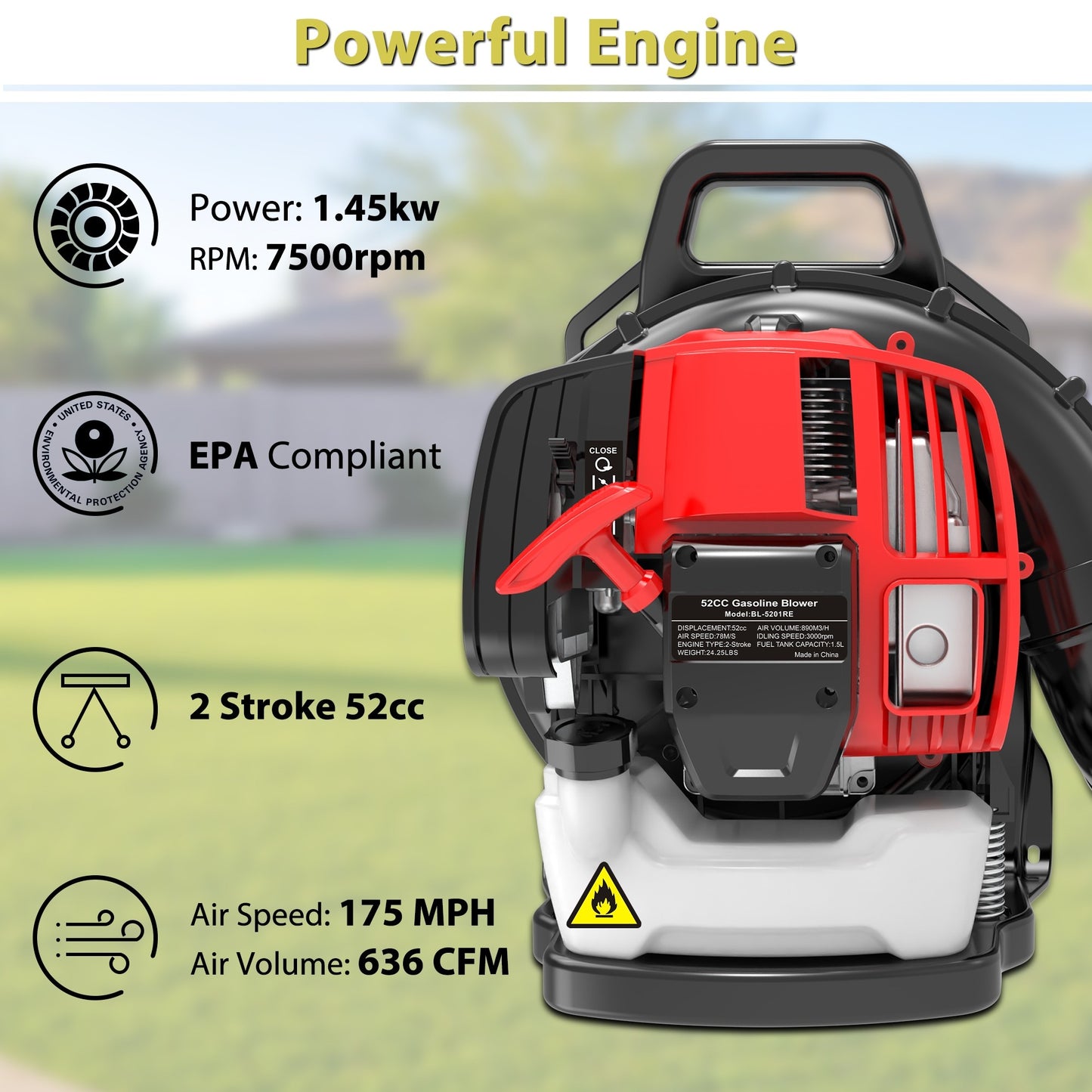 2 Stroke Commercial Backpack Leaf Blower Gas Powered Grass Lawn Blowing Machine