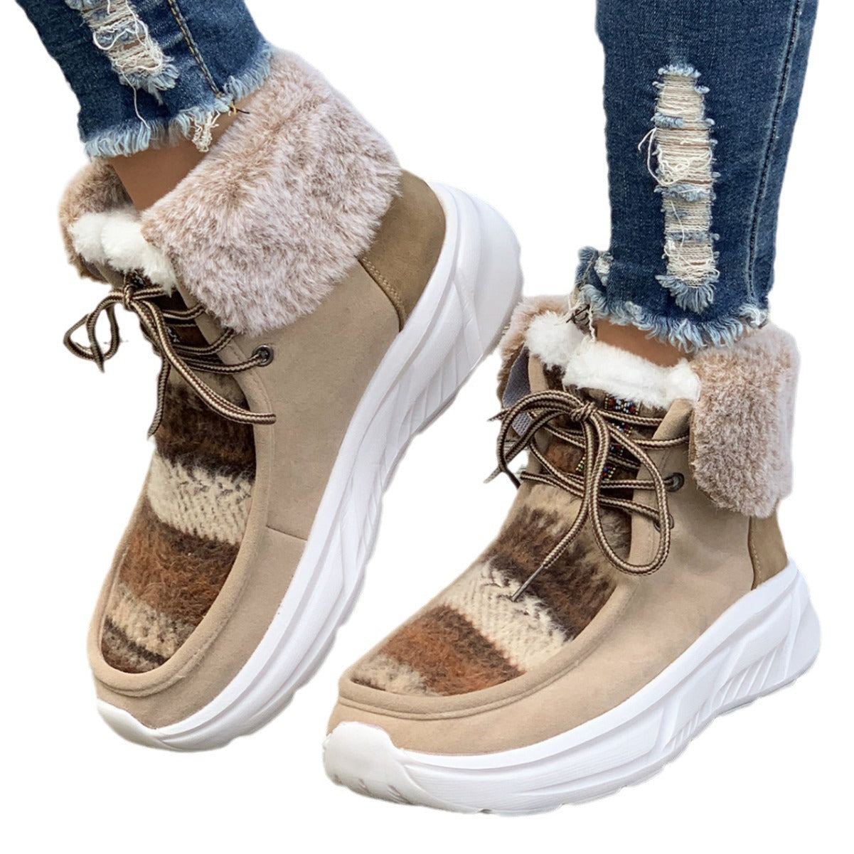 Lace-up Snow Boots Women's Fuzzy Mied-color Soft Sole Platform Thermal Lined Shoes Winter Non-slip Plush Boots