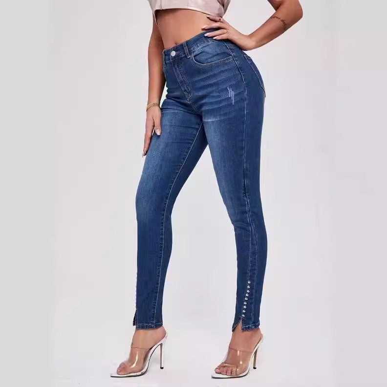 Slim Fit Patchwork High Waist Stretch Jeans