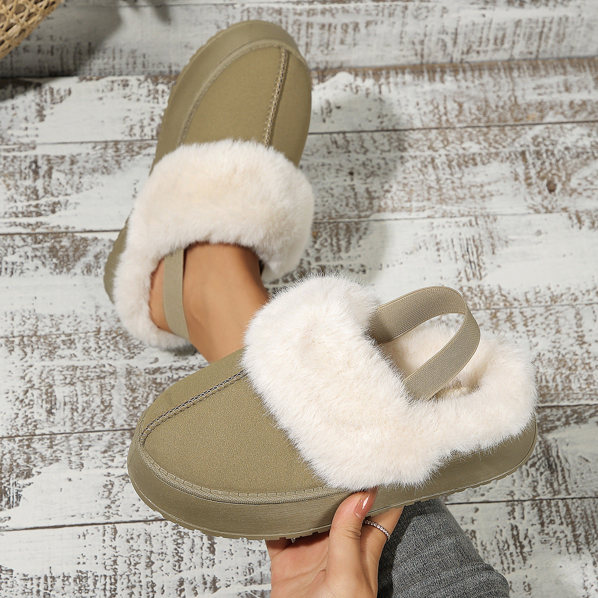 Winter Plush Home Slippers With Back-heeled Elastic Band Design Fashion Round Toe Flat Garden Shoes Warm Floor Slipper For Women