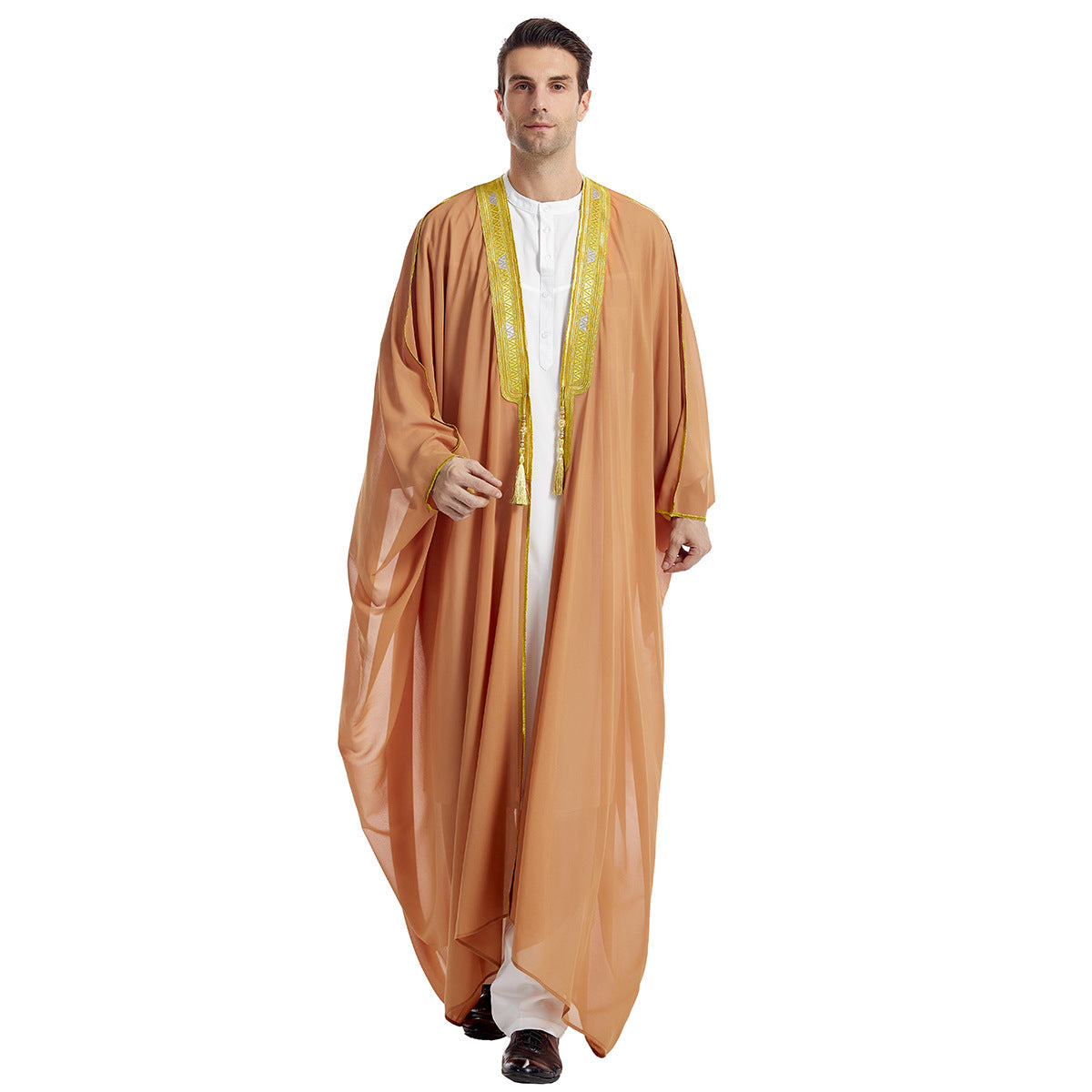 Men's Robe Arabic Embroidered Long Sleeve Tassel Golden Balls Chiffon Shawl