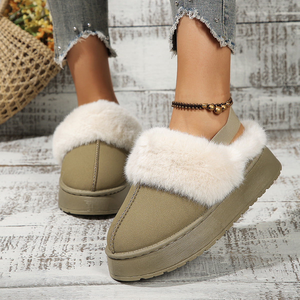 Winter Plush Home Slippers With Back-heeled Elastic Band Design Fashion Round Toe Flat Garden Shoes Warm Floor Slipper For Women