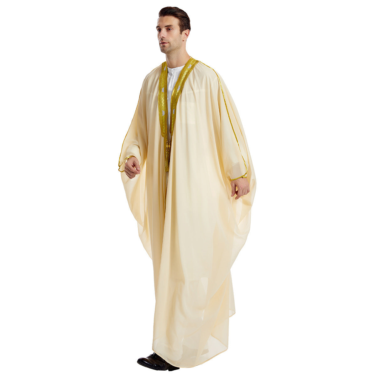 Men's Robe Arabic Embroidered Long Sleeve Tassel Golden Balls Chiffon Shawl