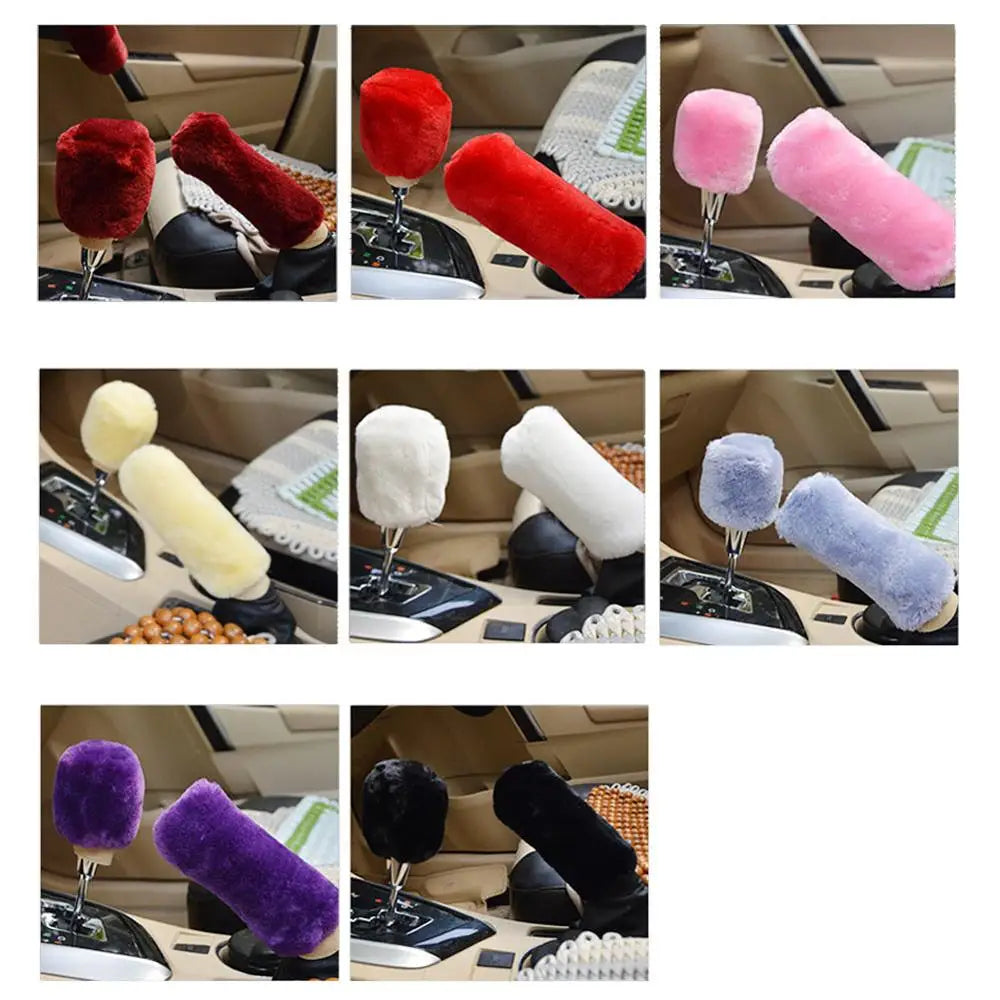 2Pcs Car Handbrake Grip Covers Gear Shift Knob Cover Handle Plush Sleeve Winter Soft Warm Hand Brake