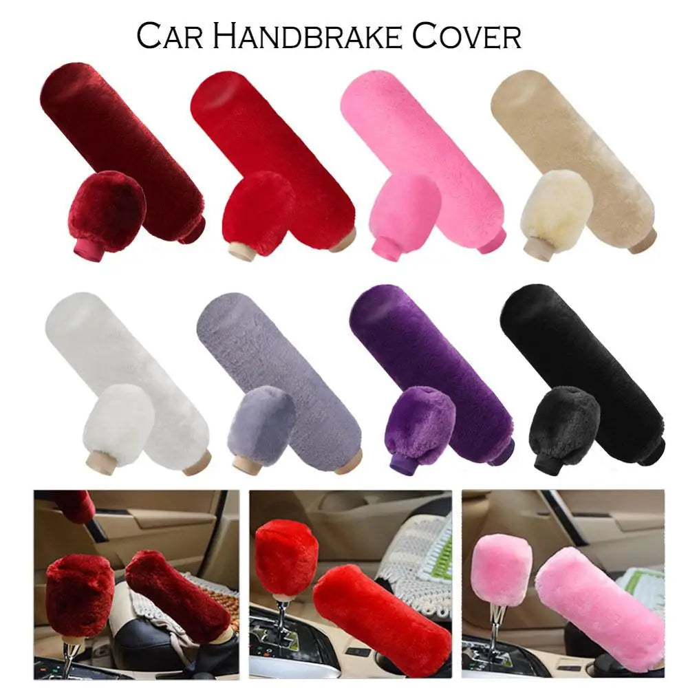 2Pcs Car Handbrake Grip Covers Gear Shift Knob Cover Handle Plush Sleeve Winter Soft Warm Hand Brake