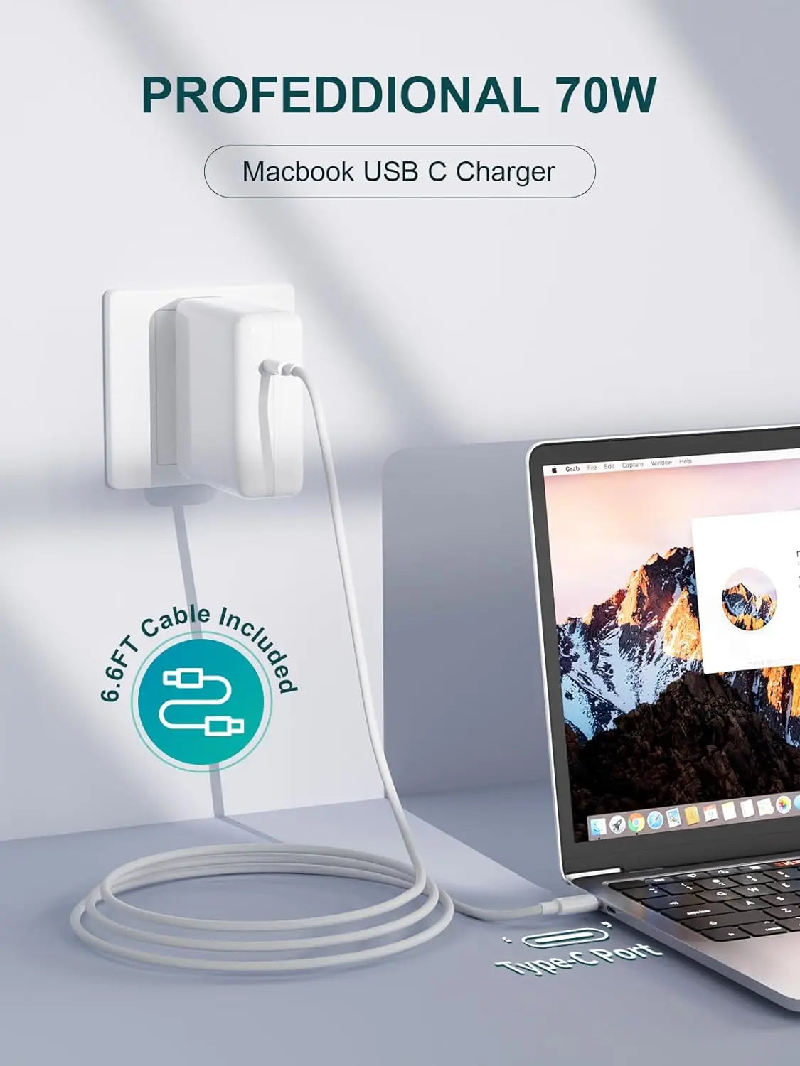 Mac Book Pro Charger, 61W/67W USB C Charger Power Adapter for MacBook Pro/Air 13/14 Inch, 70W USB-C to USB-C Charge Cable