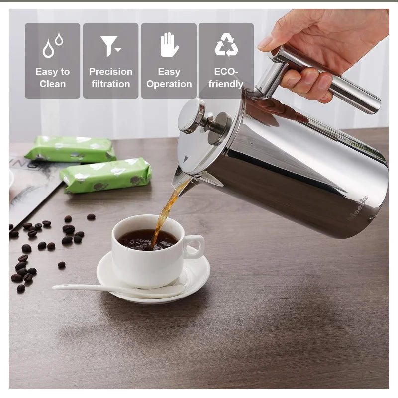 304 Grade Stainless Steel 1000ml Portable French Press Coffee Maker Pot Double Walled Insulated Hand Brewed Tea Brewing