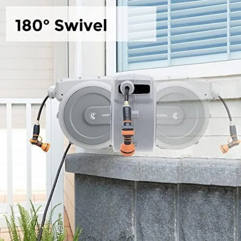 Giraffe Tools 5/8'' Retractable Garden Hose Reel 90FT Wall Mounted, Auto Rewind System, Any Length Lock, 180° Swivel Bracket