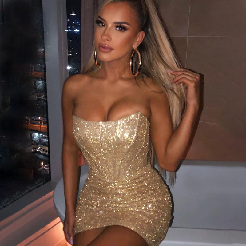 Giyu Night Club Party Woman Dress Sexy Bodycon Glitter Strapless Mini Short Prom Robe 2023 Summer Elegant Ruched Black Vestidos