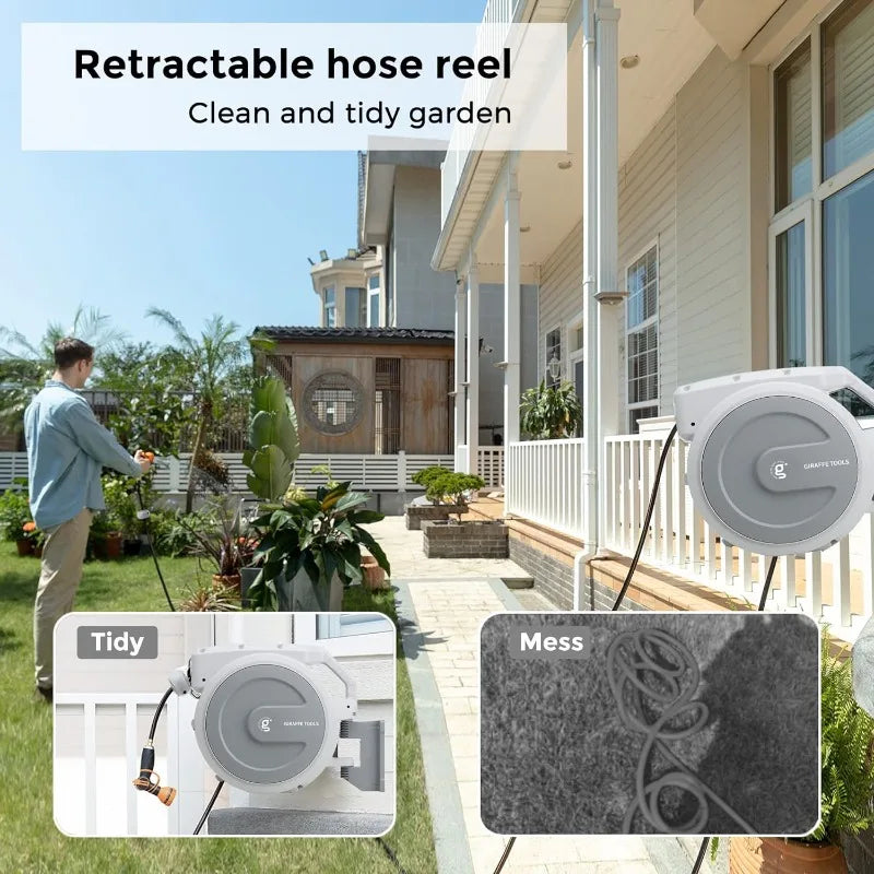 Giraffe Tools 5/8'' Retractable Garden Hose Reel 90FT Wall Mounted, Auto Rewind System, Any Length Lock, 180° Swivel Bracket