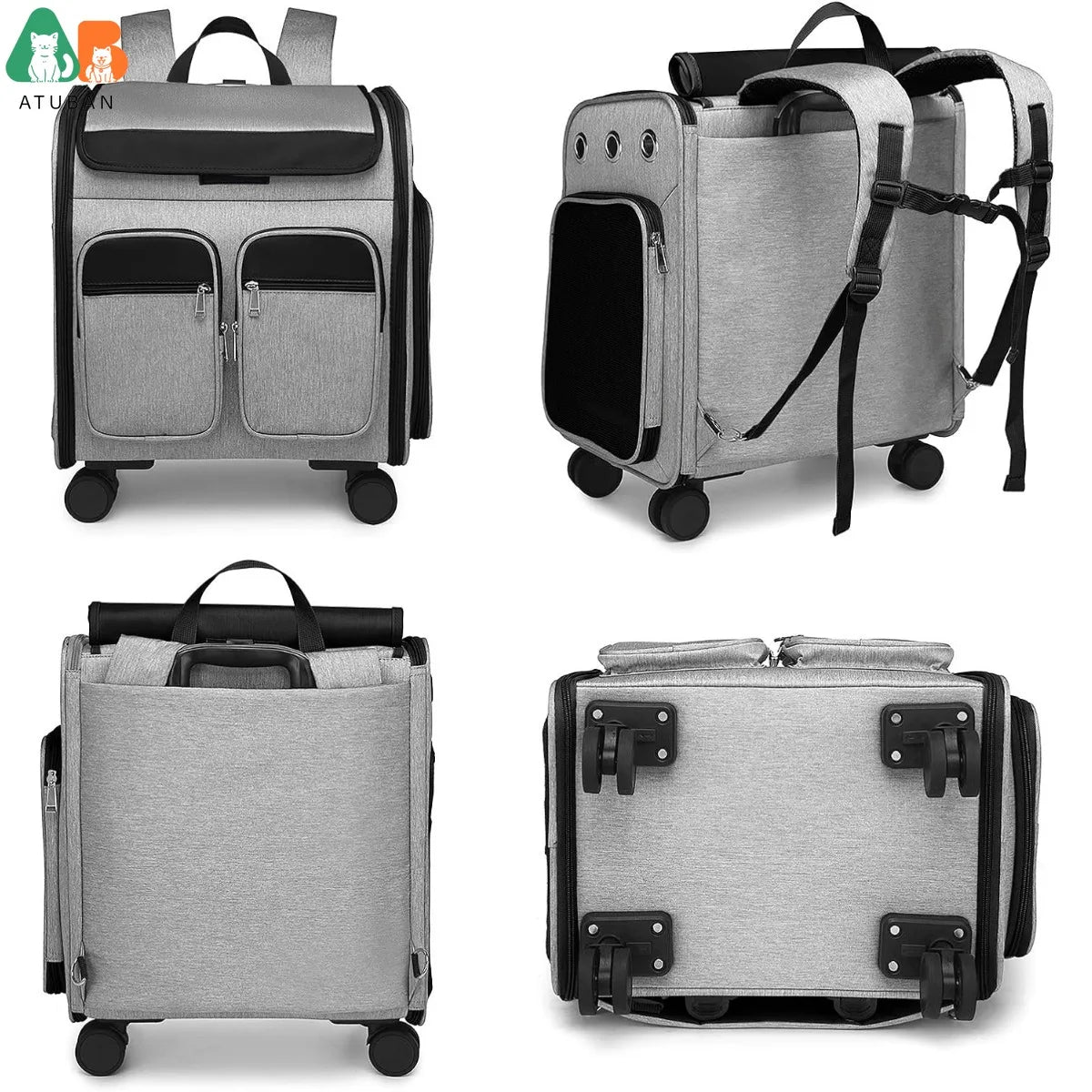 ATUBAN Wheeled Pet Carrier Backpack Pet Stroller, Travel Carrier, Car Seat for Small Dogs Cats Puppies, Comfort Cat Backpack