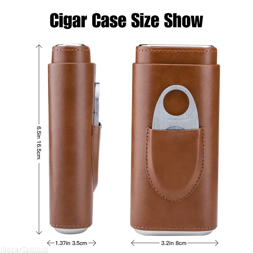 Portable Humidor Holder Box with Silver Cigar Cutter Three-Finger PU Leather Cigar Case Smoking Accessories for Business Gifts