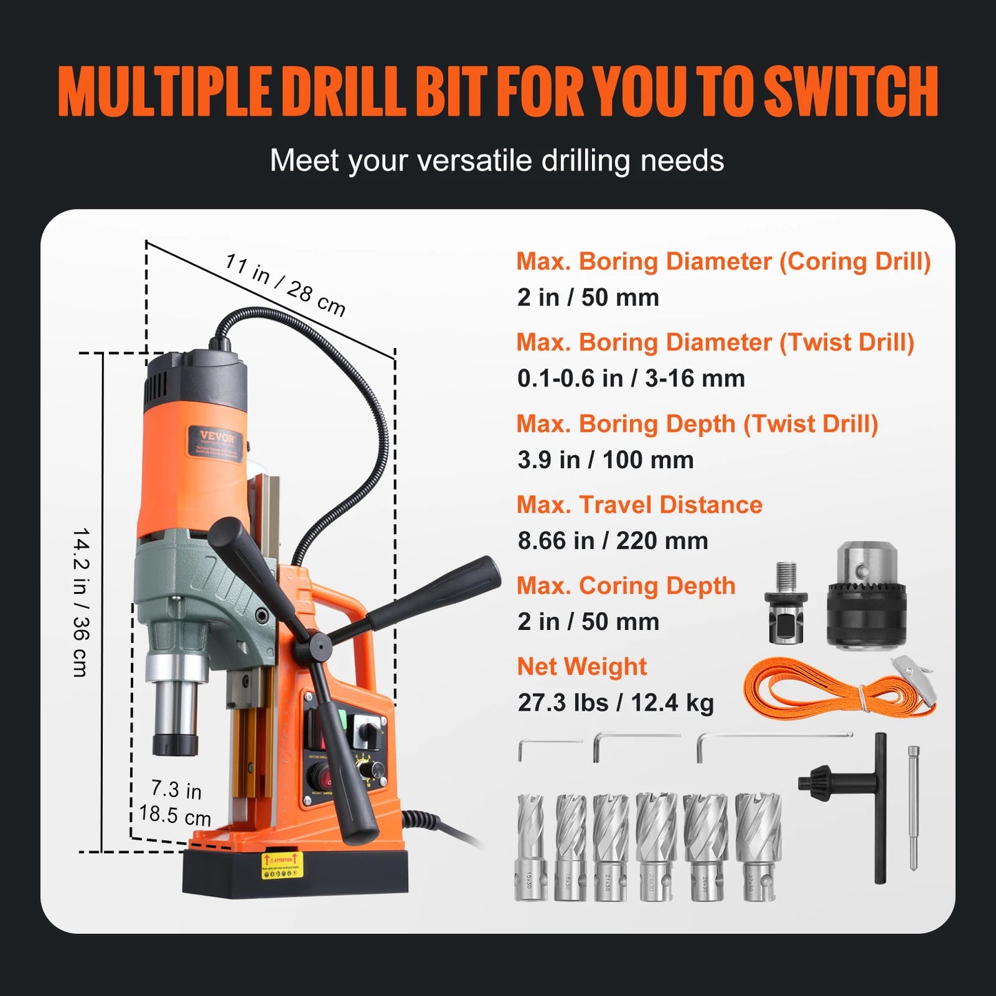 VEVOR 1450W Magnetic Drill 2" Boring Diameter 12500/12800N Portable Electric Mag Drill Press 800 RPM Magnetic Drilling Machine