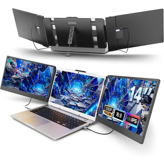 14" Laptop Screen Extender, FHD 1080P IPS Triple Portable Monitor for Laptop, HDMI/USB-A/Type-C Plug and Play for Windows