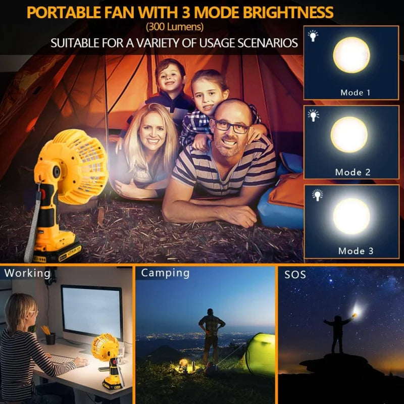 Outdoor Camping Fan with LED Lantern For Dewalt 14.4V-20V Li-ion Battery USB Portable Handheld Fan with Remote 3 Speeds 3 Modes