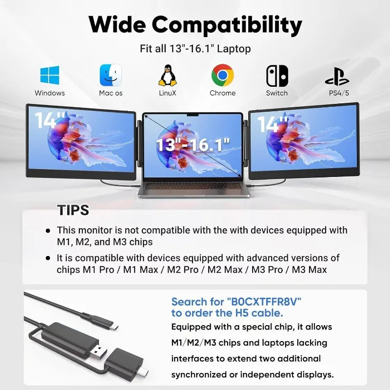 Portable Monitor,  Build-in Stand, Plug and Play Laptop Monitor Extender Compatible with Mac, Wins, Dex, Chrome.