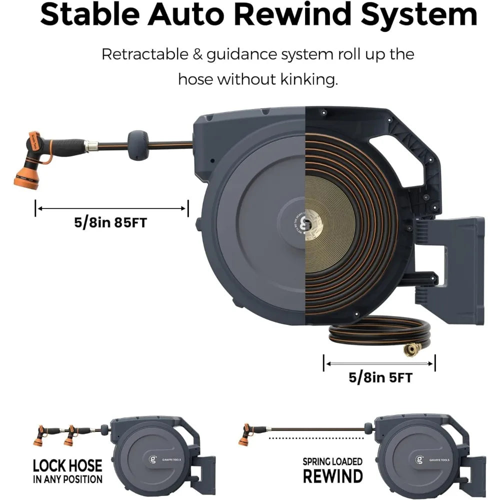 Giraffe Tools AW405/8MB Retractable Garden Hose Reel 5/8" x 90 ft PRO Metal Bracket, Heavy Duty, Any Length Lock Hose Reel