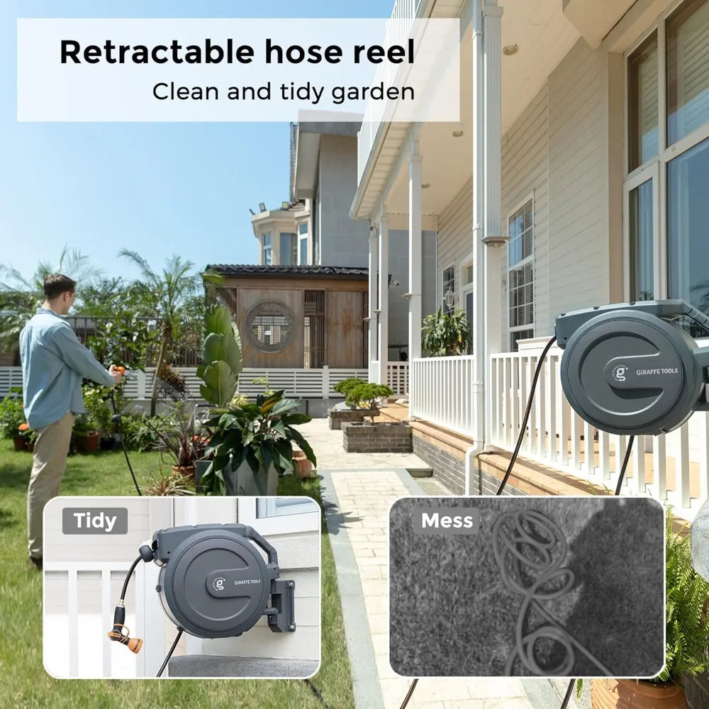 Giraffe Tools AW405/8MB Retractable Garden Hose Reel 5/8" x 90 ft PRO Metal Bracket, Heavy Duty, Any Length Lock Hose Reel