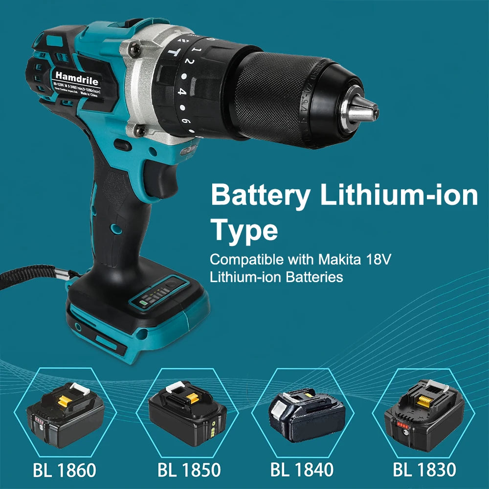 18V 13mm cordless impact drill 18V Brushless Hammer Drill 18V 13mm screwdriver drill Compatible 18V BL1830 1840 1850 1860Battery