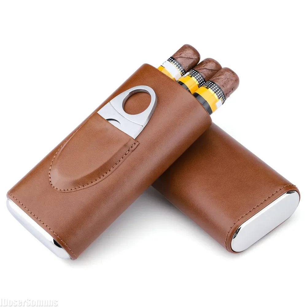 Portable Humidor Holder Box with Silver Cigar Cutter Three-Finger PU Leather Cigar Case Smoking Accessories for Business Gifts