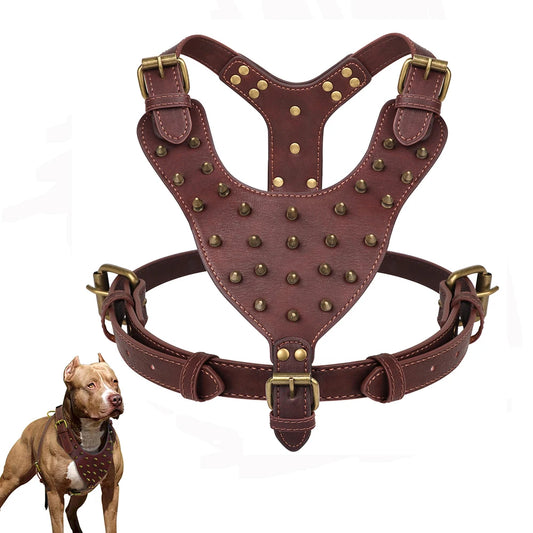 Durable Spiked Studded Dog Harness Big Dogs Genuine Leather Harnesses Pet Training Vest for Large Dogs Labrador Bulldog