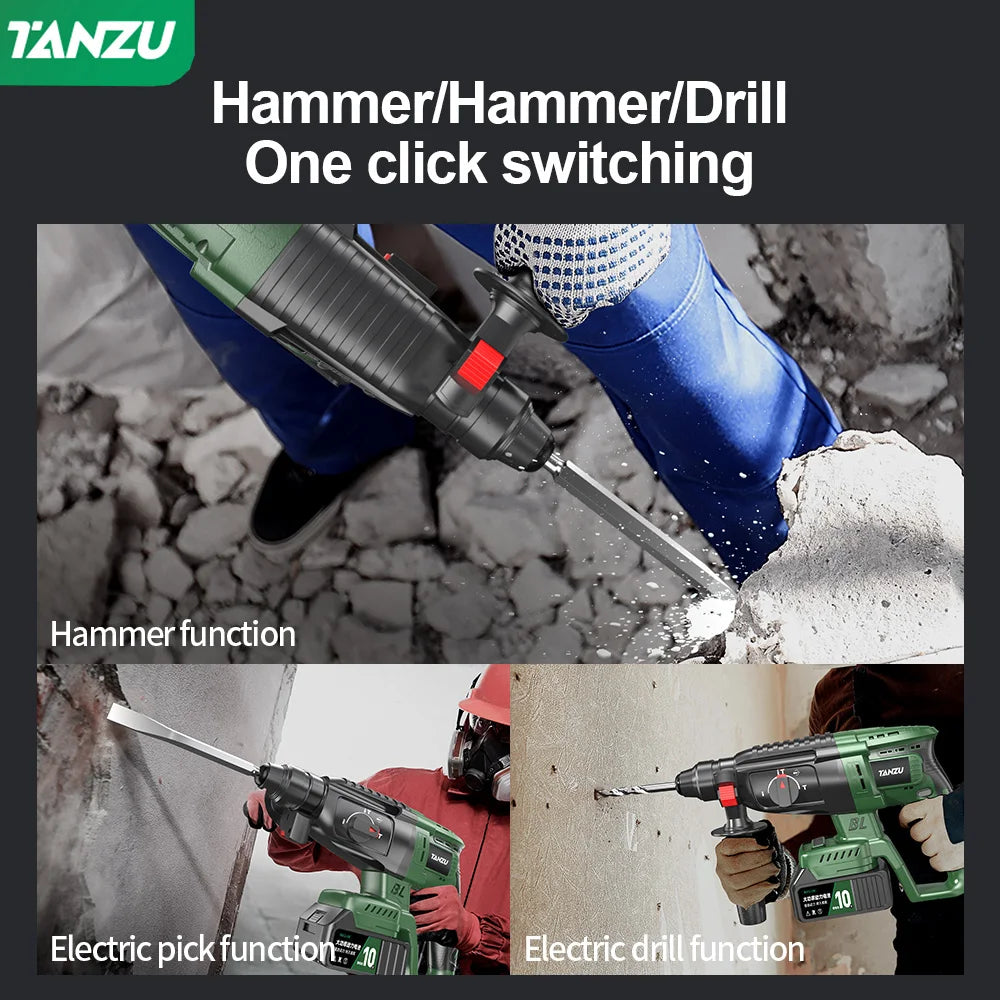 Brushless Electric Hammer 21V Impact Drill Cordless Drill Multifunction Rotary Rechargeable Li-ion Battery Power Tools Tanzu