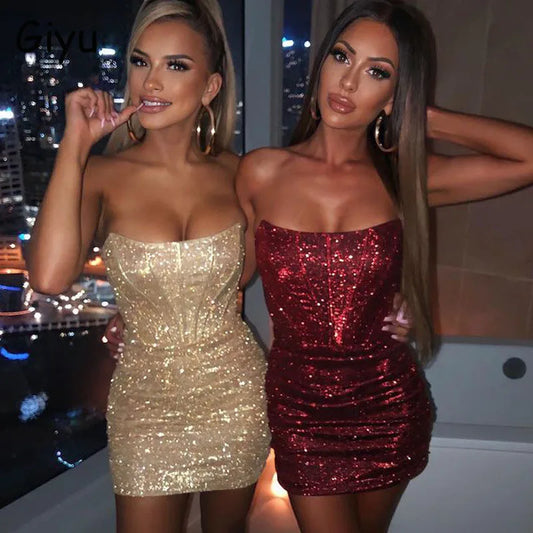 Giyu Night Club Party Woman Dress Sexy Bodycon Glitter Strapless Mini Short Prom Robe 2023 Summer Elegant Ruched Black Vestidos