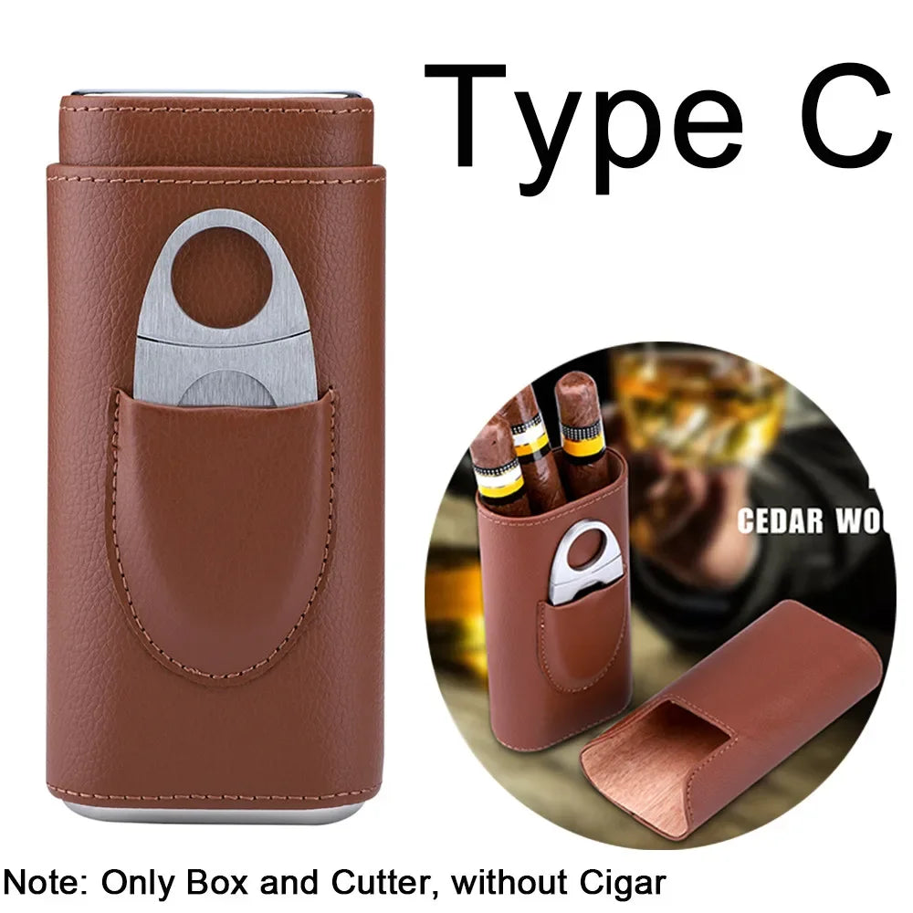 Portable Humidor Holder Box with Silver Cigar Cutter Three-Finger PU Leather Cigar Case Smoking Accessories for Business Gifts