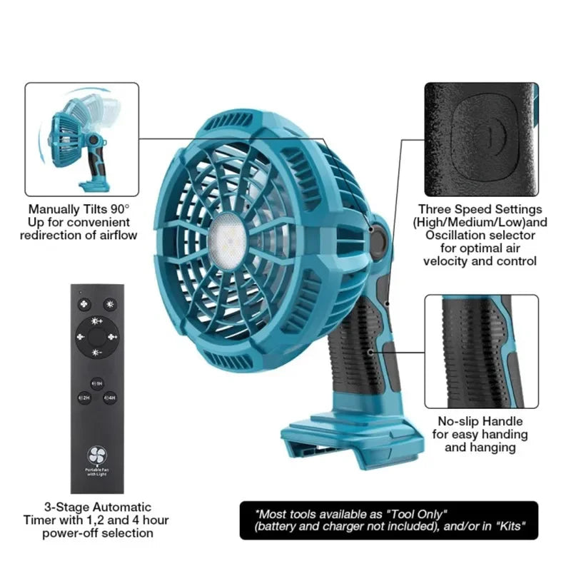 Portable Fan Powered for Makita BL1830 BL1850 18V Lithium-ion Battery Cordless Fan with 9W LED Work USB Port Camping Job Fan