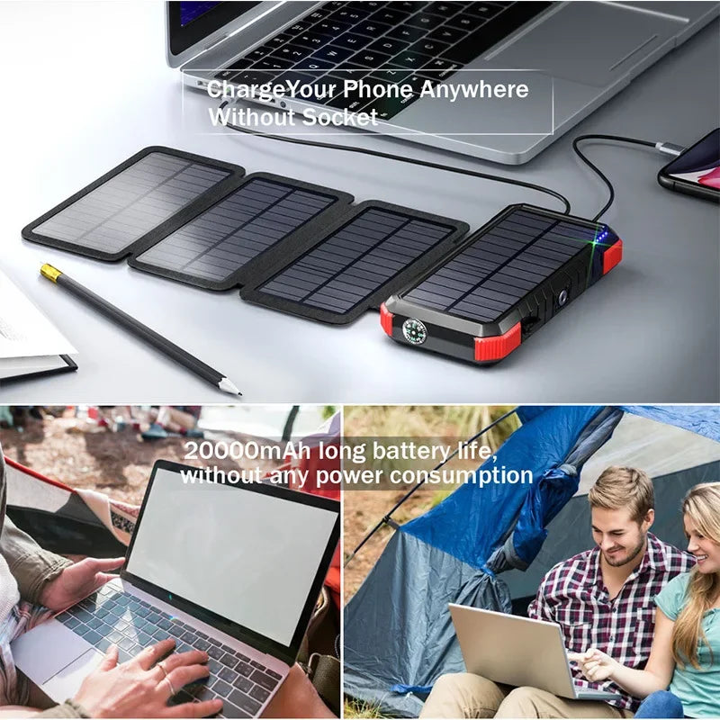 Solar Power Bank 20000mAh Portable Charging Poverbank camping LED lights External Battery Charger for All Smartphone solar panel