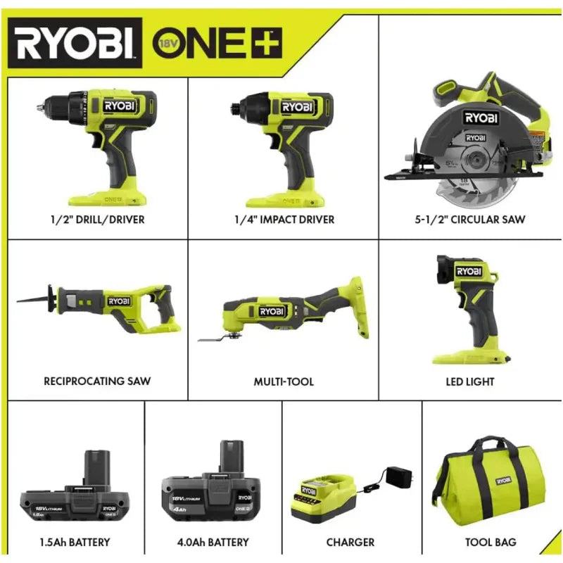 RYOBI ONE  PCL1600K2 18V Cordless 6-Tool Combo Kit with 1.5 Ah Battery, 4.0 Ah Battery, and Charger