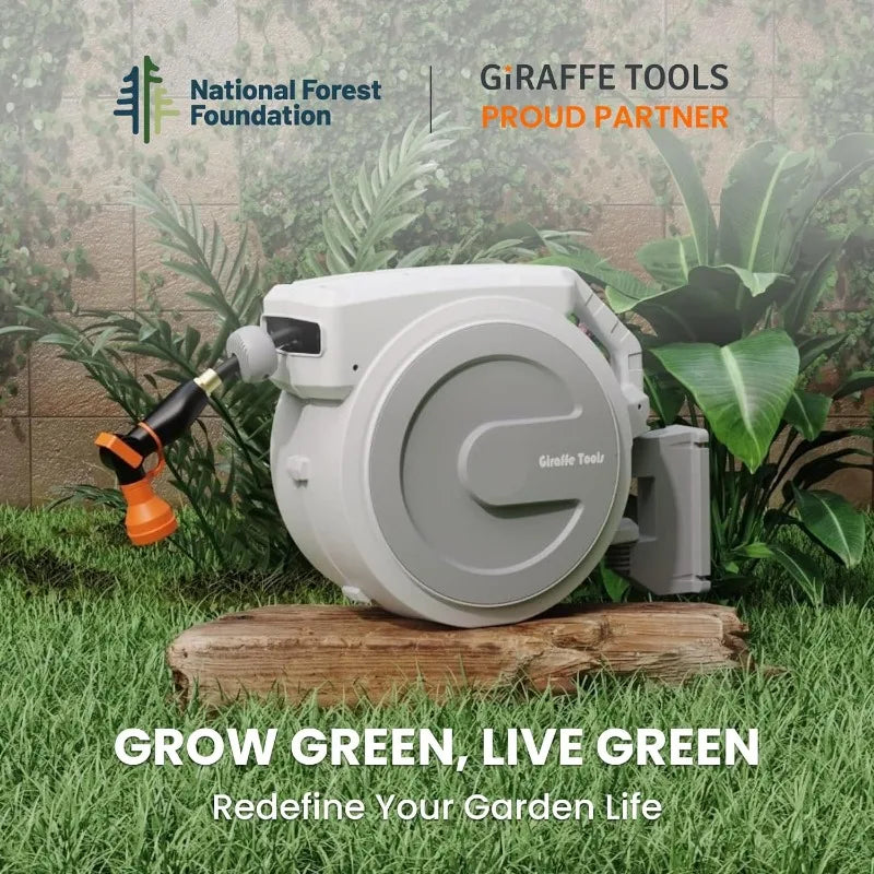 Giraffe Tools 5/8'' Retractable Garden Hose Reel 90FT Wall Mounted, Auto Rewind System, Any Length Lock, 180° Swivel Bracket