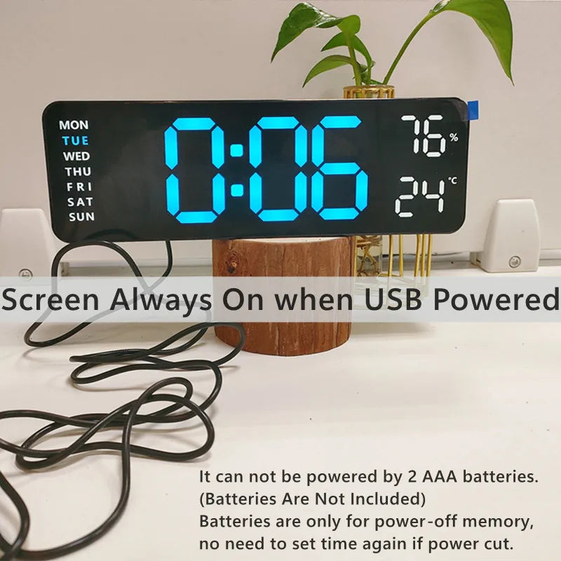 USB Powered Large Digital Wall Clock 9 Inch Temperature Humidity Week Auto Dimmer Table Clock Electronic LED Alarm Clock 12/24H