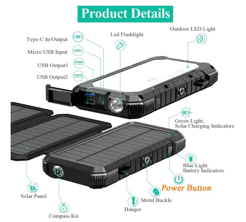 Solar Power Bank 20000mAh Portable Charging Poverbank camping LED lights External Battery Charger for All Smartphone solar panel