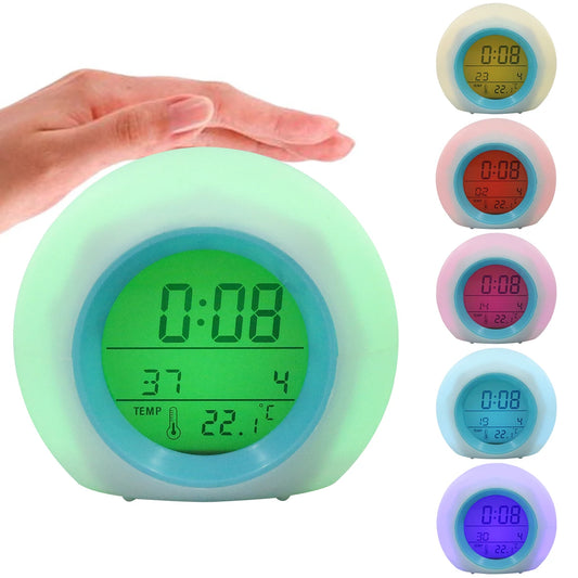 Kids Alarm Clock 12/24H LED Digital Clock 7 Color Changing Night Light with Indoor Temperature Children Bedroom Bedside Clock