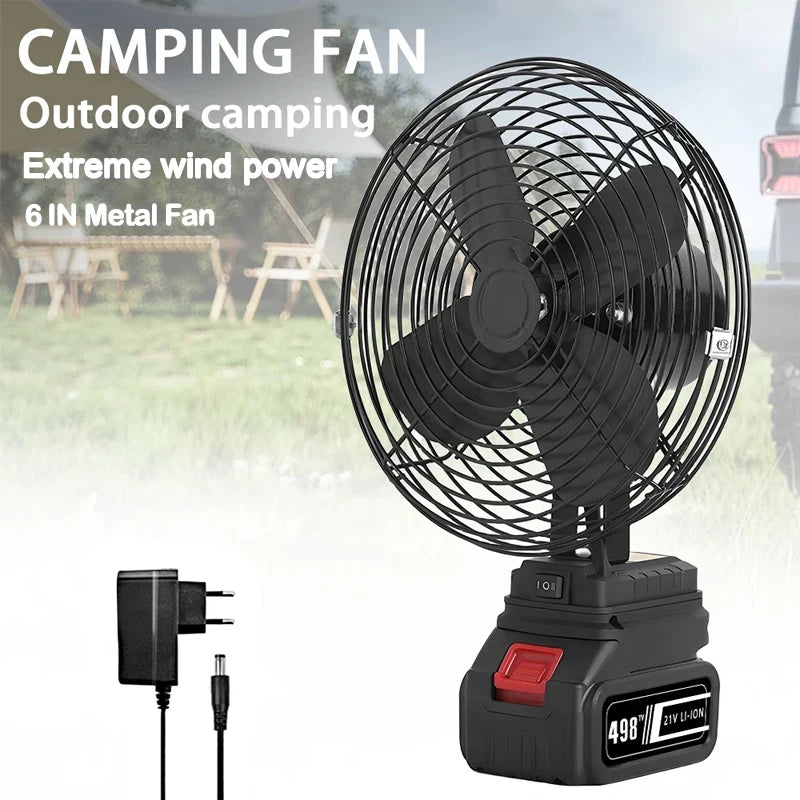 10000/20000mAh Camping Fan 6 Inches Wireless Outdoor Fishing Desktop Portable Metal Fan Strong Wind Fan Fit Makita 20V Battery